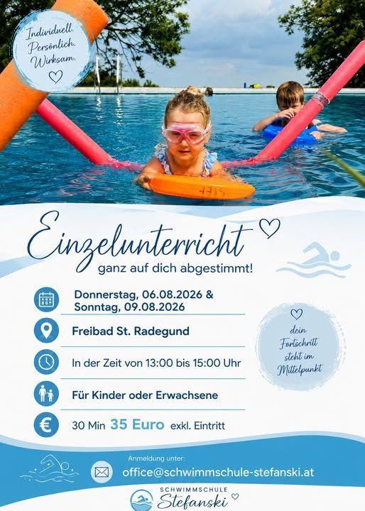 An advertisement for a swimming school offers individual swimming lessons for children and adults on specific dates and times at Freibad St. Radegund. The price is 35 Euros for 30 minutes. Contact information is provided.