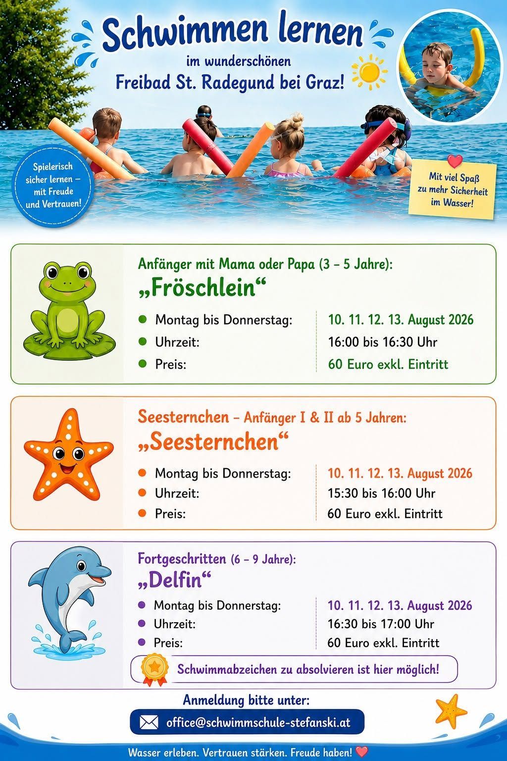 A flyer with three different swimming classes for children. The first class is for beginners aged 3-5, the second for ages 5 and up, and the third for ages 6-9. Each class has a specific time and cost. The flyer also includes a picture of children swimming.