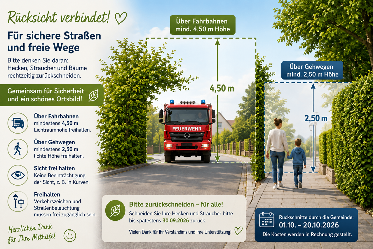 An informational poster about fire truck clearance heights under roads and over trees. It shows a fire truck with measurements and a family walking on a sidewalk. The poster includes a call to action to trim hedges and branches for safety.