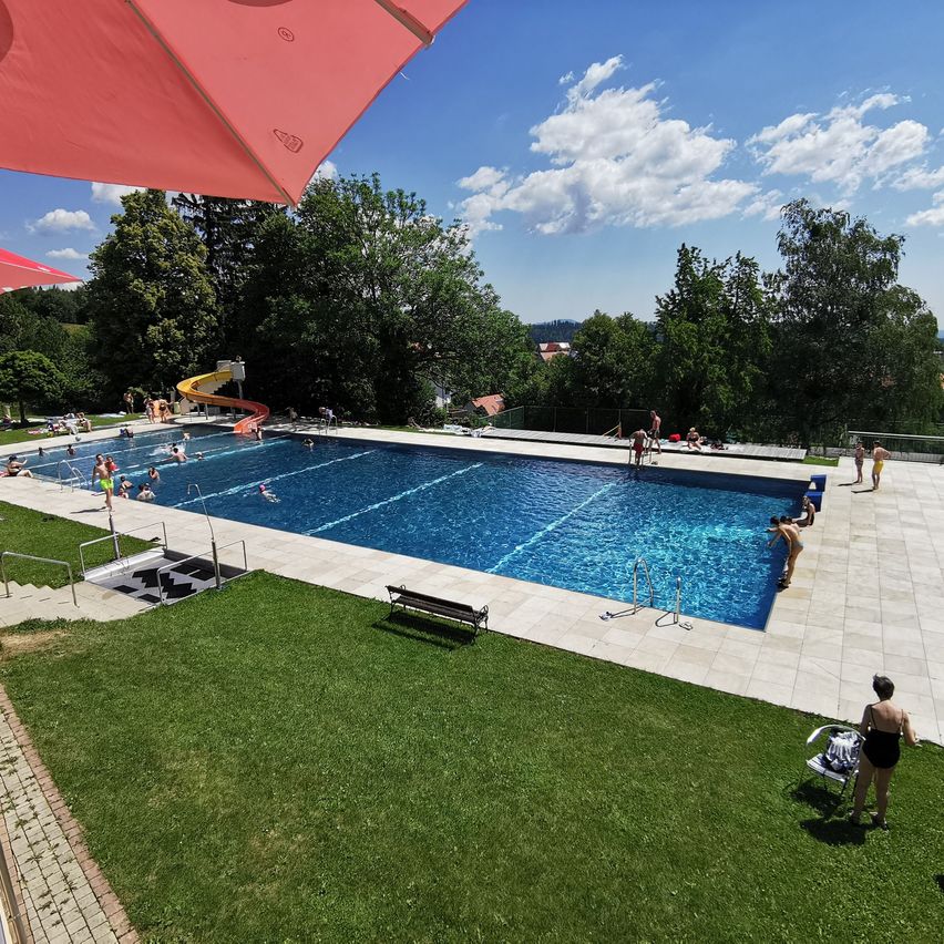 Ein Freibad mit schwimmenden Personen und einer Rutsche. Bäume und eine Bank sind in der Nähe.