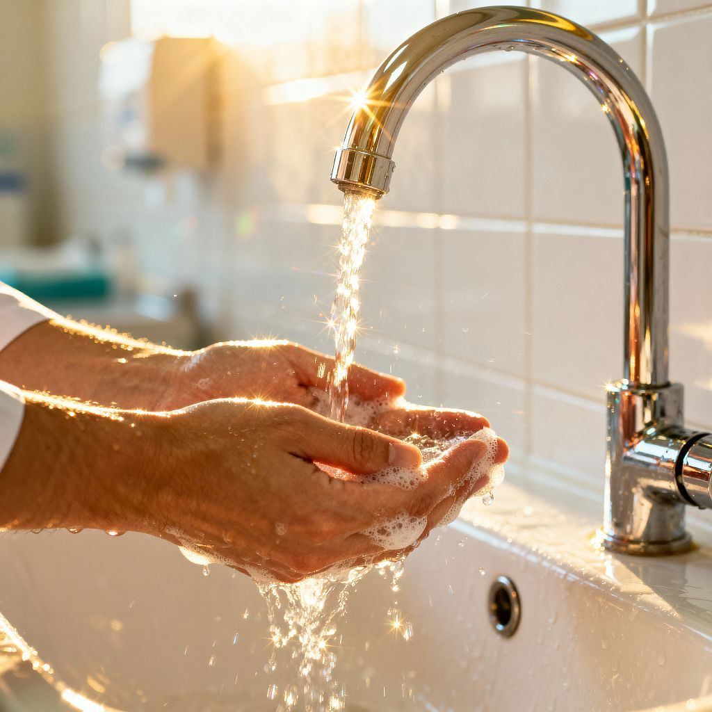 Eine Person wäscht ihre Hände unter einem laufenden Wasserhahn in einem Badezimmer mit gefliesten Wänden. Wasser spritzt, während sie mit Seife schrubbt.