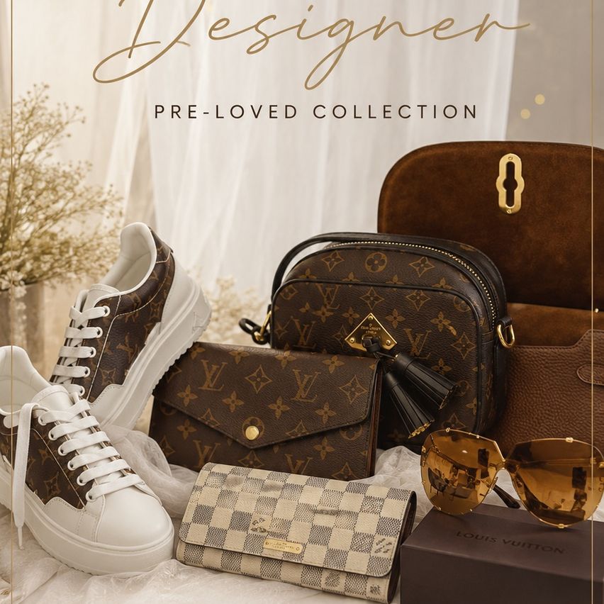 Eine Kollektion von Designer-Artikeln, darunter Louis Vuitton-Sneaker, Handtaschen, Sonnenbrillen und ein Geldbeutel, die auf einem weißen Tuch ausgestellt sind.