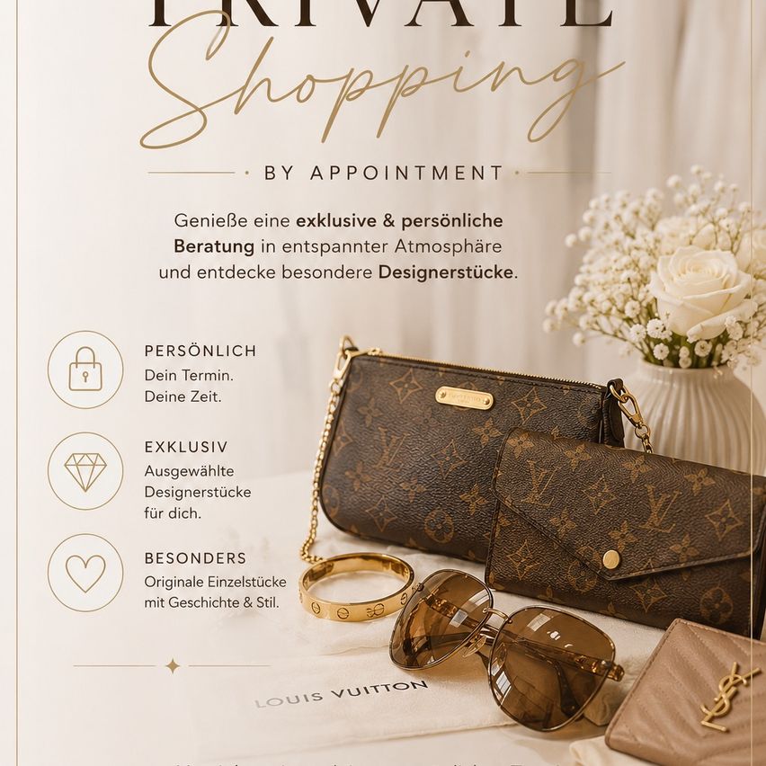 Eine Werbung für privates Shopping nach Termin, die Louis Vuitton-Accessoires wie eine Handtasche, eine Geldbörse, eine Sonnenbrille und einen Ring zeigt, mit einer weißen Rose in einem Vasen im Hintergrund.