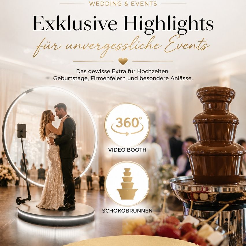 Exklusive Highlights für unvergessliche Events umfassen eine 360-Grad-Videokabine und einen Schokoladenbrunnen. Das Bild zeigt ein Paar, das sich in einer Videokabine umarmt, mit einem Schokoladenbrunnen und verschiedenen Lebensmitteln rechts.