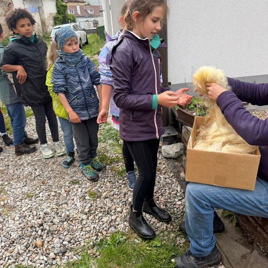 Eine Gruppe von Kindern beobachtet eine Person mit einer Kiste Wolle. Sie stehen auf einem Schotterboden.