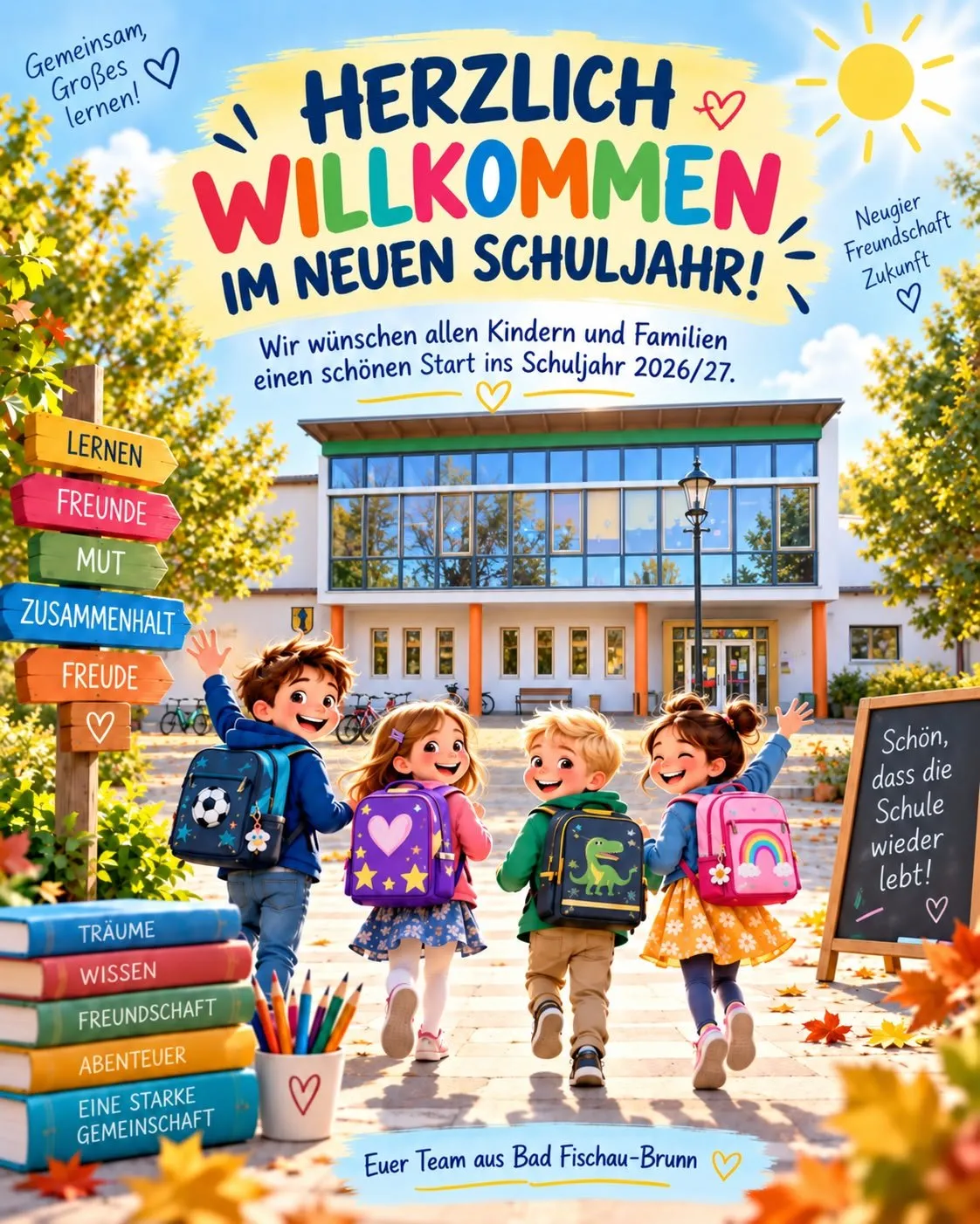 Eine bunte Illustration von Kindern, die auf ein Schulgebäude zugehen, mit Schildern wie 'Lernen', 'Freunde' und 'Zusammenhalt'. Das Schulgebäude hat Glasfenster und einen Laternenpfahl. Ein Tafel mit dem Text 'Schön, dass die Schule wieder öffnet!' steht rechts.