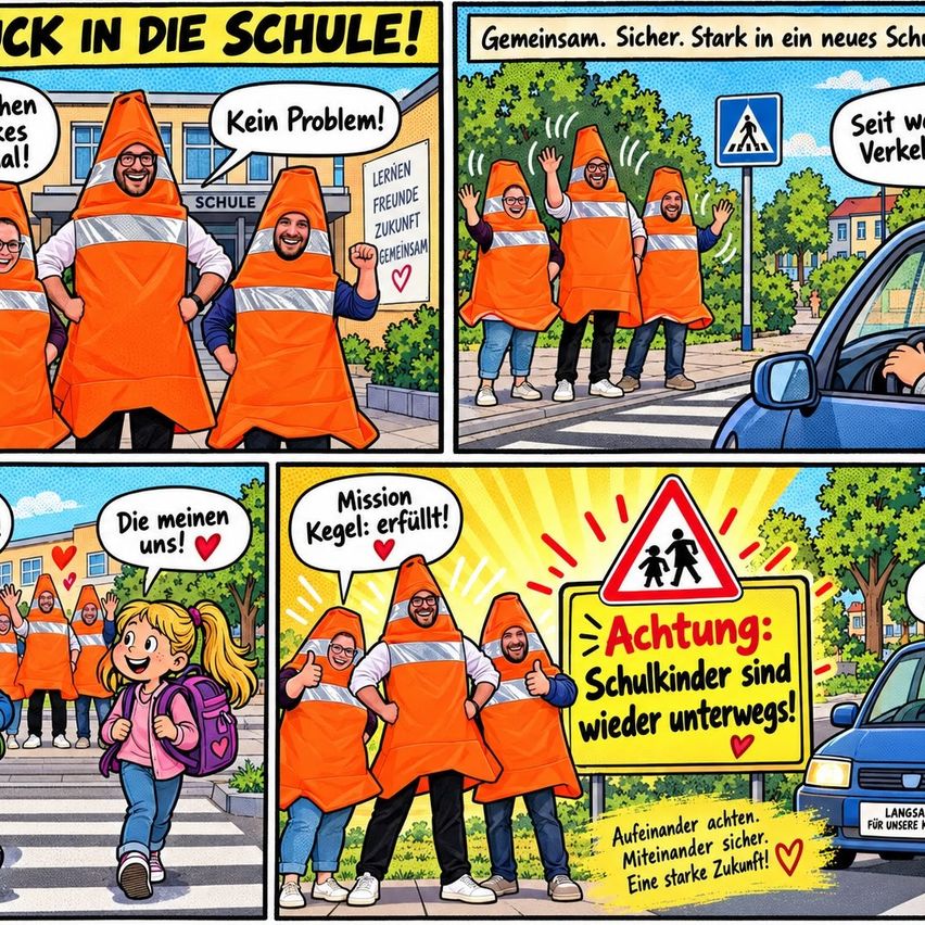Eine Gruppe von Menschen, die in orangefarbene Verkehrskegel gekleidet sind, stehen zusammen, lächeln und winken. Ein Schild sagt 'Achtung: Schulkinder sind wieder unterwegs!' Ein Mädchen mit Rucksack geht an ihnen vorbei. Ein anderes Panel zeigt Menschen in Verkehrskegel-Kostümen mit einem Schild, das 'Mission: erfüllt!' sagt.