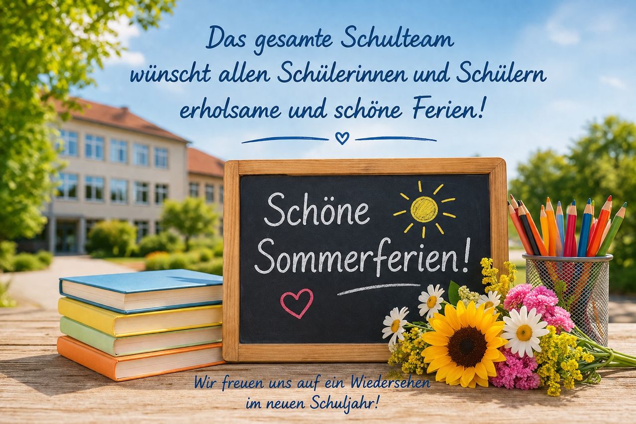 Ein Kreidetafel mit 'Schone Sommerferien!' darauf, umgeben von Büchern und Blumen. Dahinter ein Schulgebäude mit blauem Himmel. Das gesamte Schulteam wünscht allen Schülern erholsame und schöne Sommerferien!
