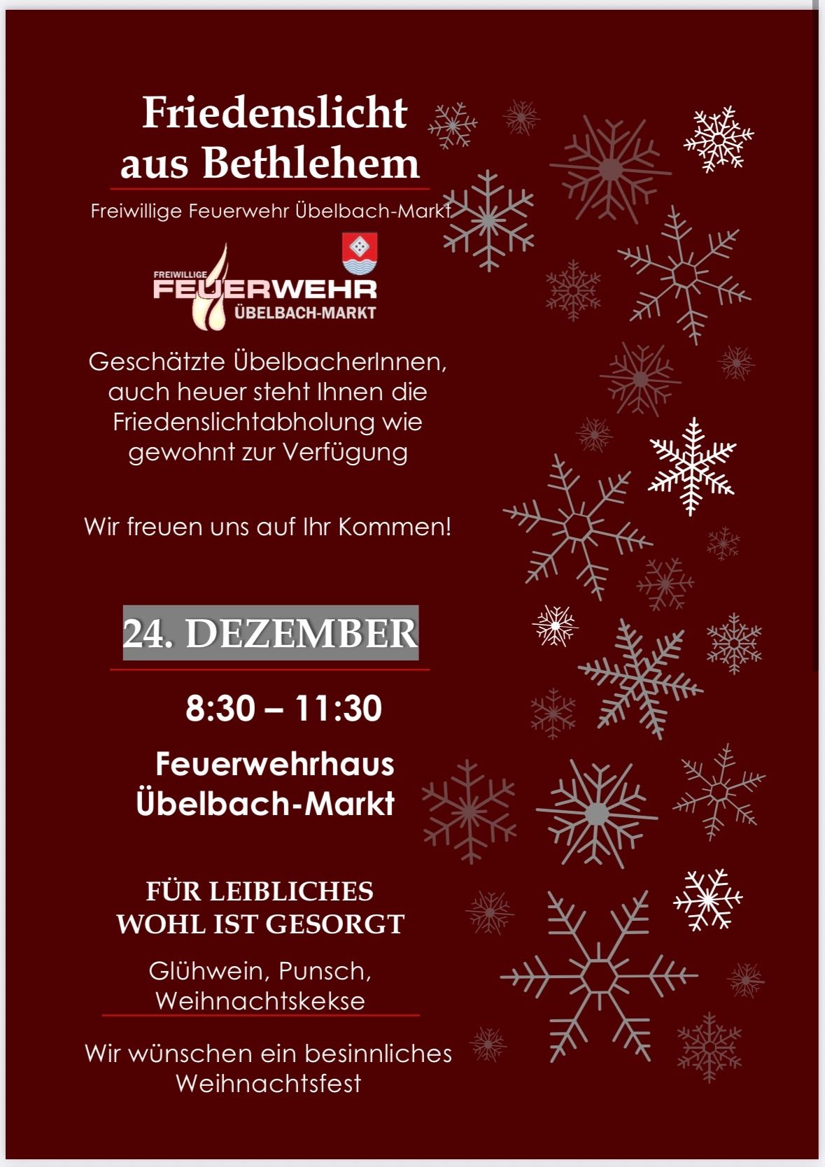 Eine Anzeige für eine Feuerwehr-Veranstaltung. Es zeigt Datum, Uhrzeit und Ort, zusammen mit einem festlichen Schneeflockendesign. Der Text lädt alle zum Kommen ein.