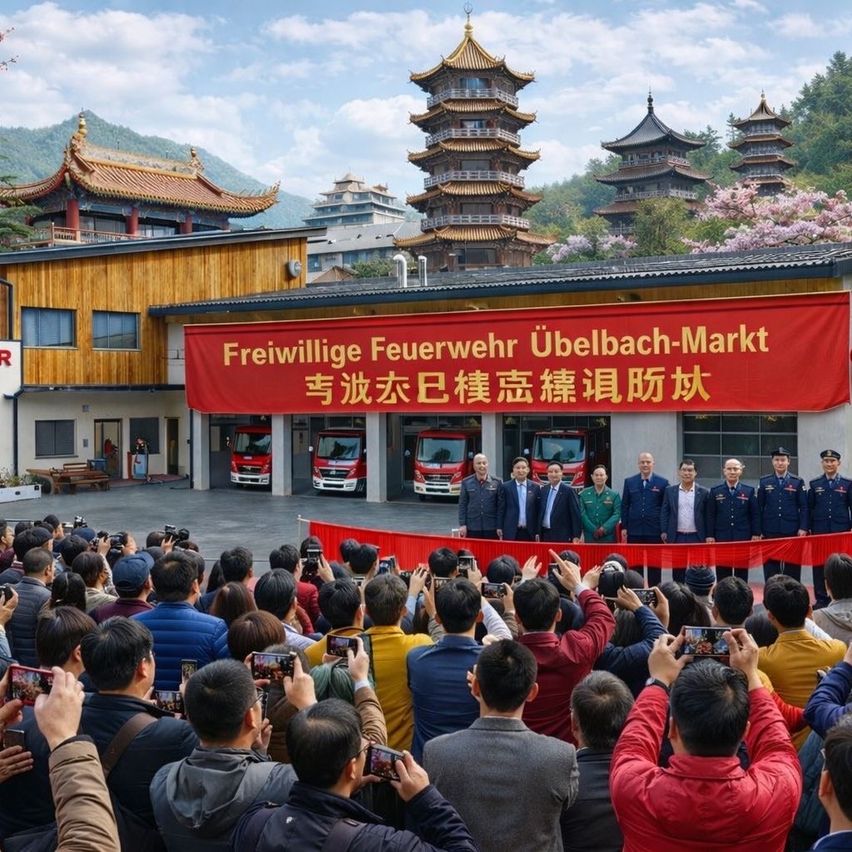 Eine Menschenmenge steht vor einem Gebäude mit Feuerwehrautos und Bannern. Beamte stehen vor einem roten Band. Tempel sind im Hintergrund.