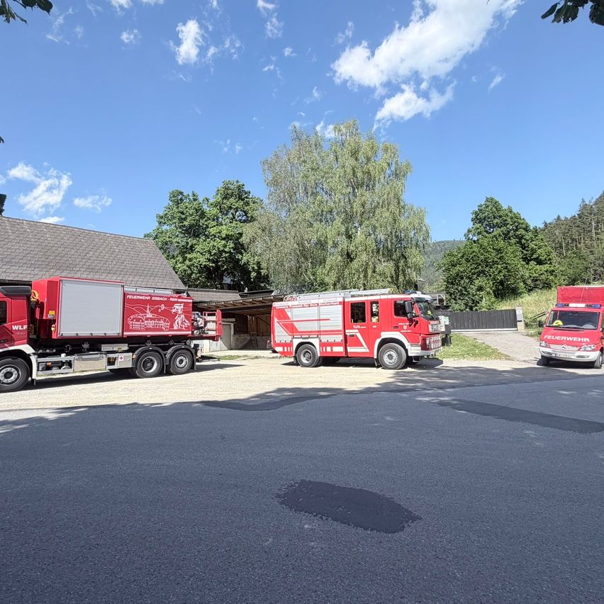 Drei rote Feuerwehrfahrzeuge sind auf einer Straße geparkt, mit Bäumen und einem Haus dahinter. Der Himmel ist blau mit Wolken.