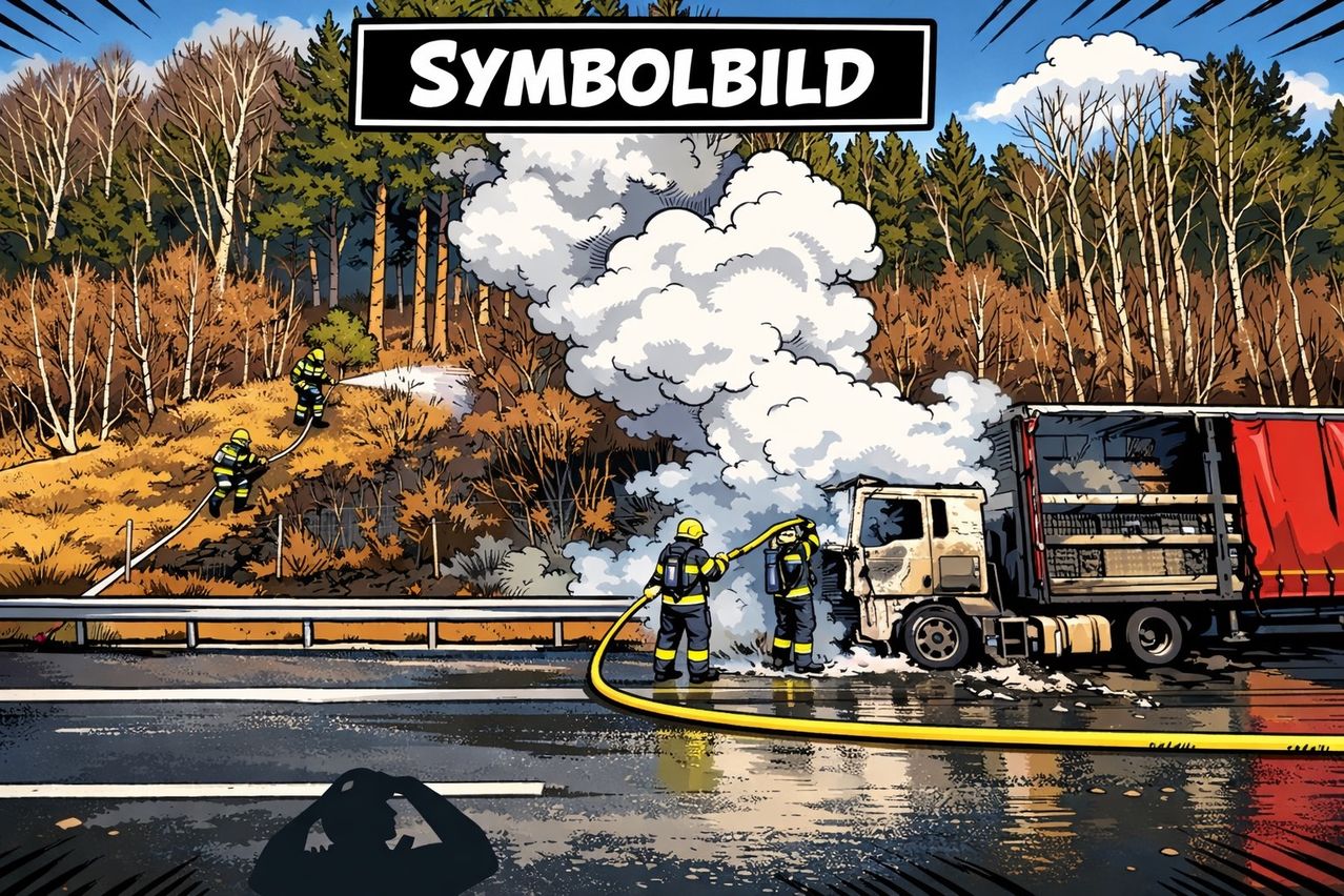 An illustration shows firefighters extinguishing a burning truck on a road. Smoke billows from the vehicle.