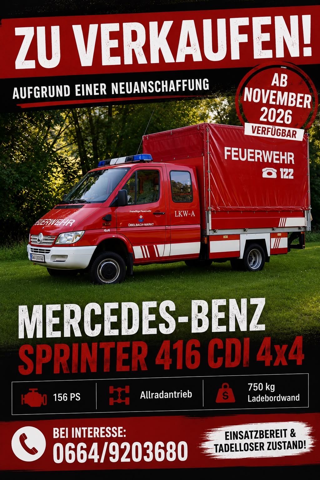 A red Mercedes-Benz Sprinter 416 CDI 4x4 fire truck with a police light on top is parked on a grassy field. The truck has a license plate and is available from November 2026.