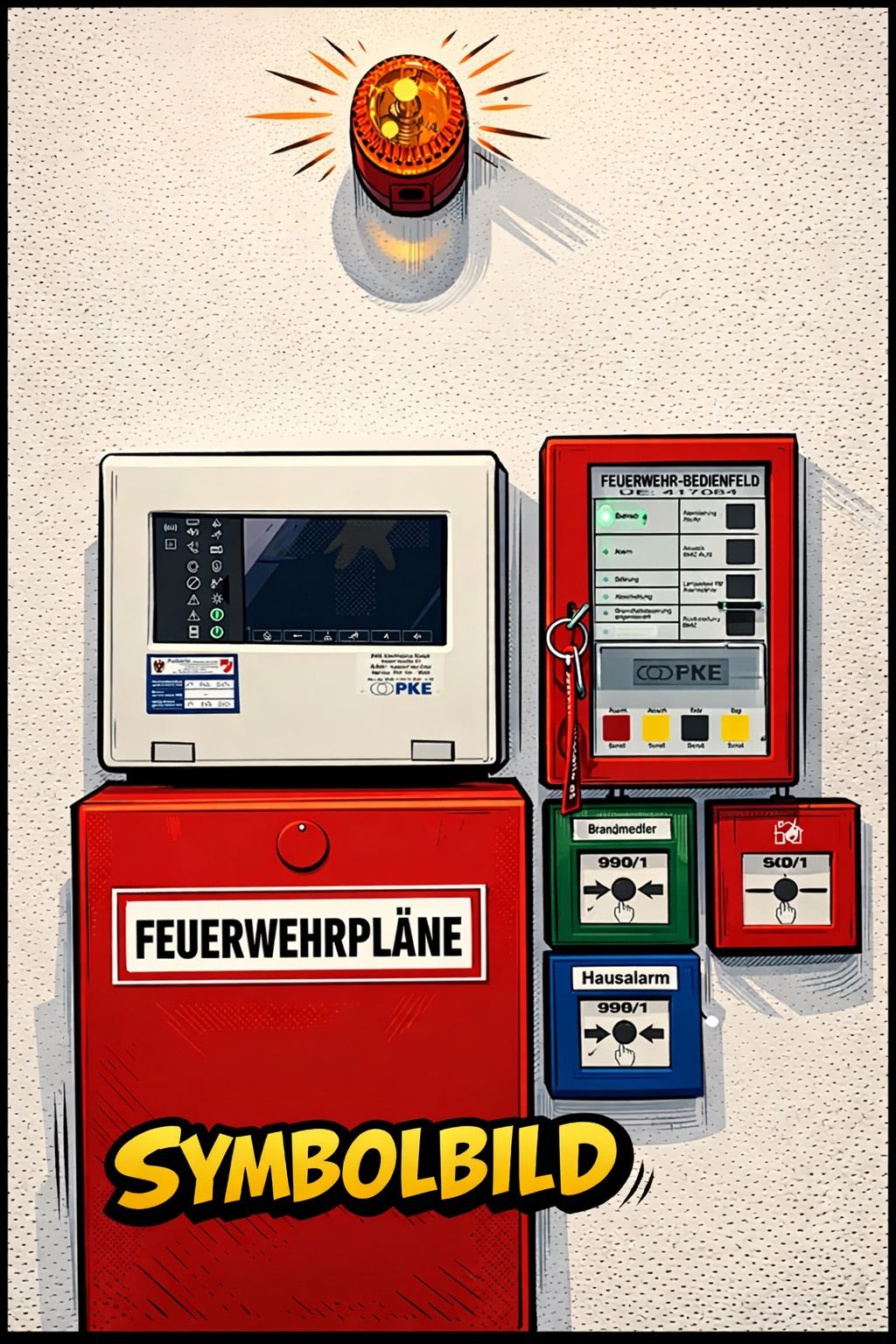 Illustration of fire safety equipment, including a fire alarm control panel, fire extinguishers, and fire alarm boxes. The control panel has a screen and buttons, while the fire extinguishers are labeled 'Brandmelder' and 'Hausalarm'.