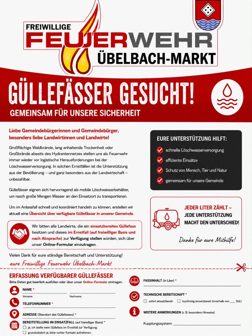 An advertisement for the Uberbach-Markt community, highlighting the importance of manure tank availability for fire protection, with a call for local farmers to register their tanks. It emphasizes the community's collective responsibility for safety.