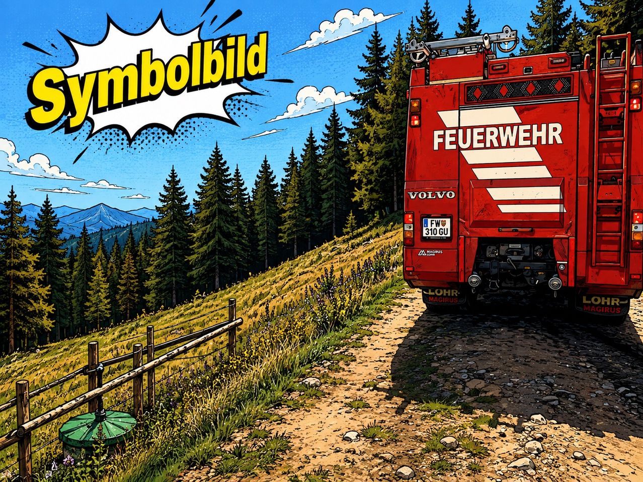 A red fire truck with the word 'Feuerwehr' on the back is parked on a dirt road in a mountainous area.