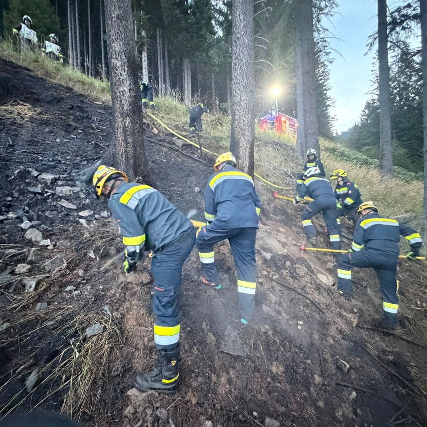 Firefighters in protective gear are working on a steep hillside, using tools to dig through ash and debris. A fire truck is parked nearby.