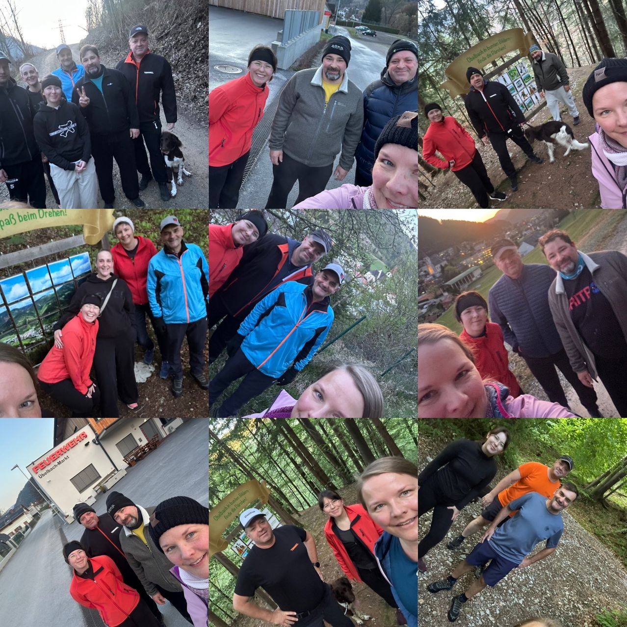 Mehrere Fotos zeigen eine Gruppe von Menschen in verschiedenen Outdoor-Situationen, gekleidet in warme Kleidung. Einige stehen im Wald, andere in der Nähe eines Gebäudes. Einige posieren für Selfies, während andere mit ihren Hunden spazieren gehen.