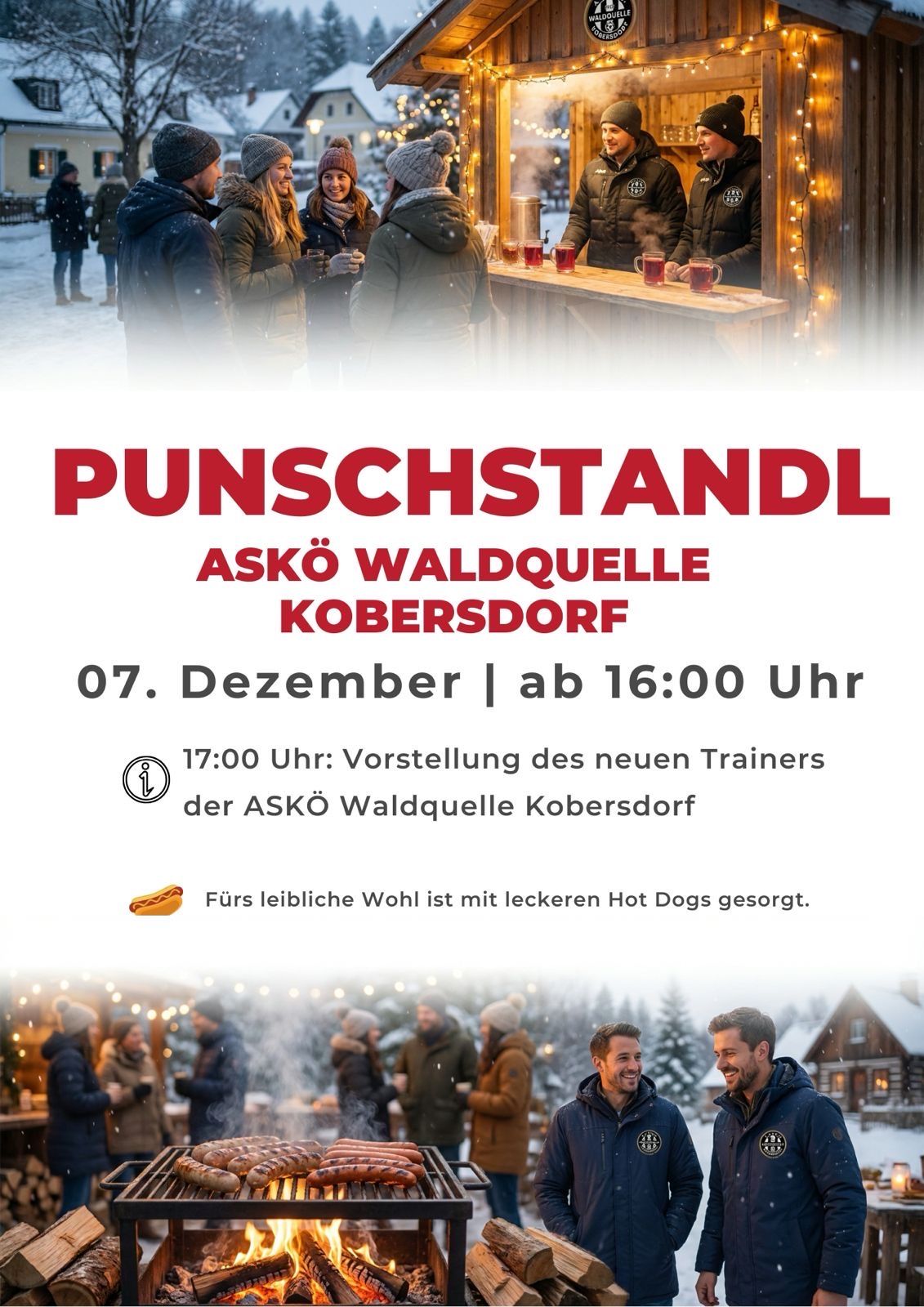 Plakat für ein Punschstandl-Event mit Menschen um einen Stand versammelt, mit Vorstellung des neuen Trainers und Hot Dogs am 7. Dezember, Beginn um 16 Uhr.