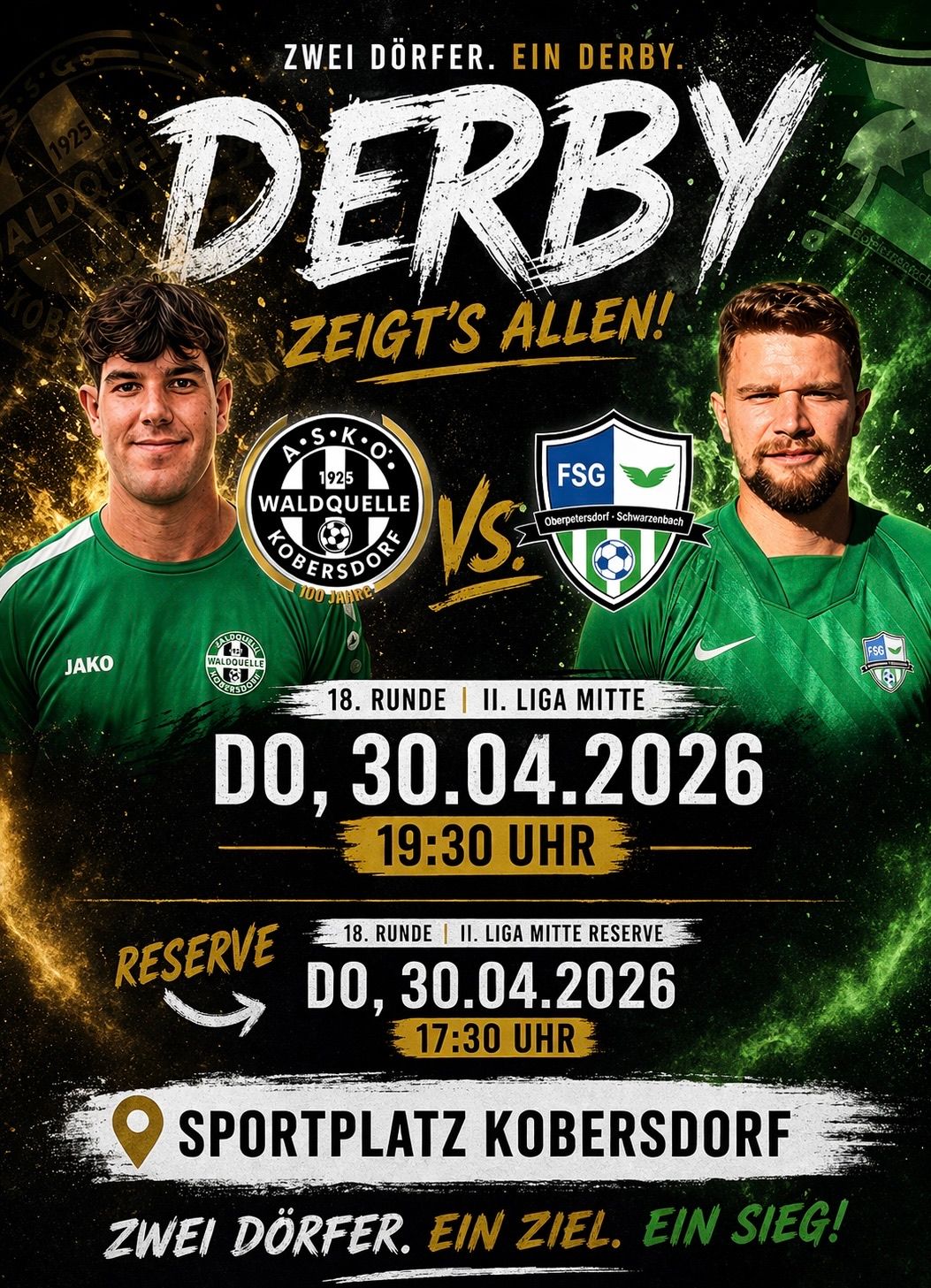 Plakat für ein Fußballspiel zwischen Waldquelle und FSG mit zwei Spielern in grünen Trikots. Datum: 30. April 2026, Uhrzeiten: 19:30 und 17:30.