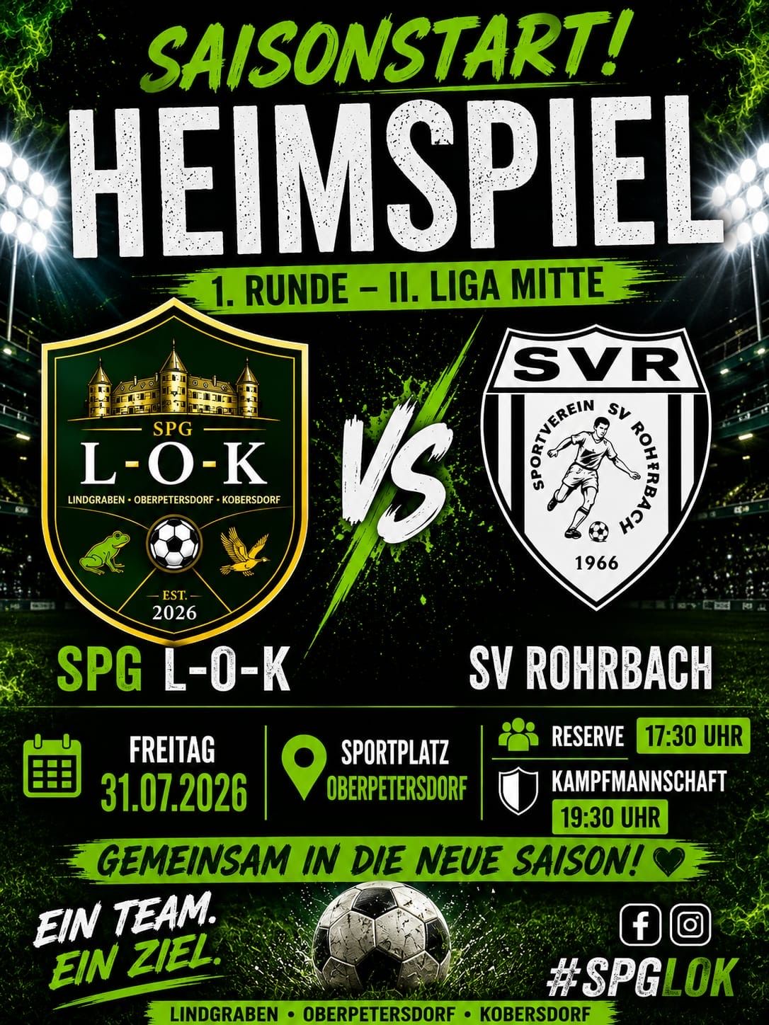 Plakat für ein Fußballspiel zwischen SPG L-O-K und SV Rohrbach, geplant für den 31.07.2026 um 17:30 Uhr, mit Reservemannschaftsspiel um 19:30 Uhr.