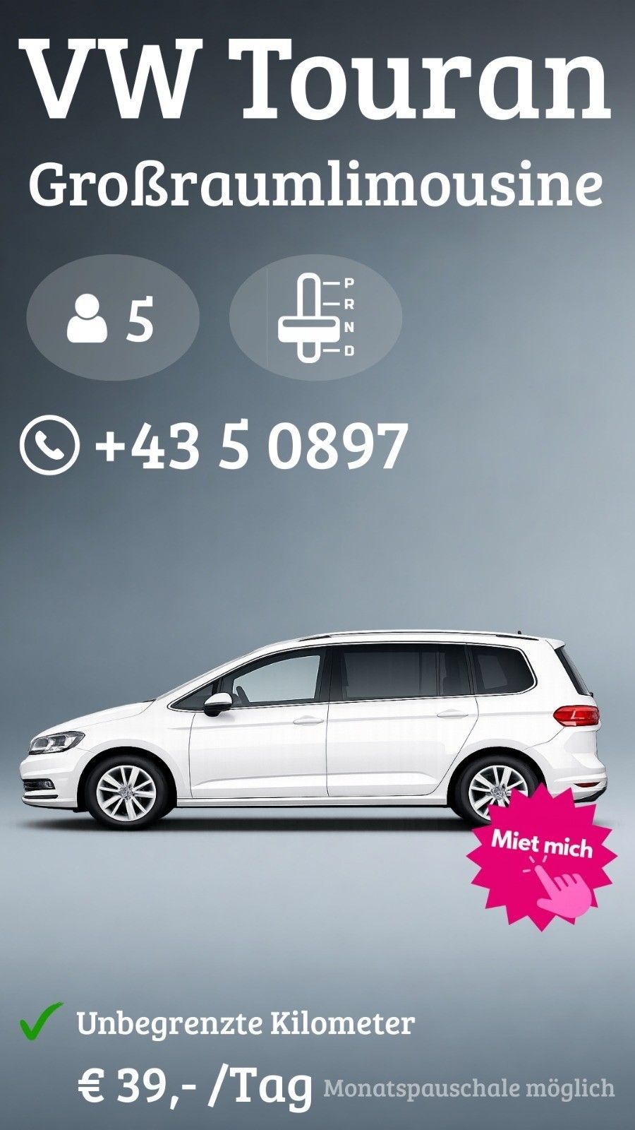 The image shows a white car with a gray background. It features icons for a person, a call symbol, and a temperature gauge. The car has five doors, a capacity for five passengers, and a phone number +43 5 0897. The car is parked and appears to be a rental vehicle.