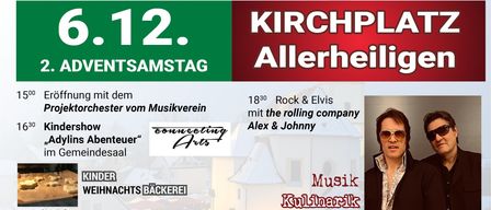 Das Plakat bewirbt den 12. Allerheiligensamstag. Es bietet Rock- und Elvis-Musik von der Rolling Company, eine kulinarische Kunstnacht, eine Fotonacht und ein Kinderprogramm. Die Veranstaltung beginnt um 18:30 Uhr und wird vom Musikverein gesponsert.