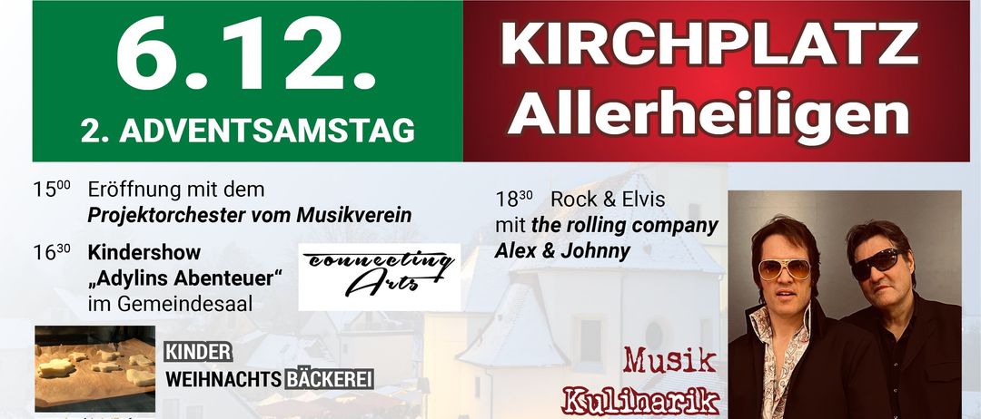 Das Plakat bewirbt den 12. Allerheiligensamstag. Es bietet Rock- und Elvis-Musik von der Rolling Company, eine kulinarische Kunstnacht, eine Fotonacht und ein Kinderprogramm. Die Veranstaltung beginnt um 18:30 Uhr und wird vom Musikverein gesponsert.