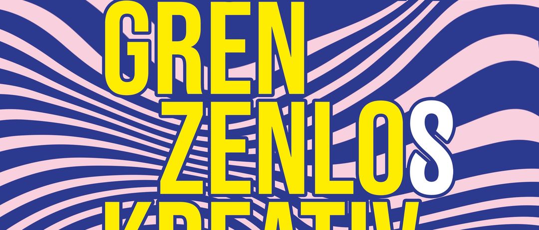 Ein blauer und rosafarbener wellenförmiger Hintergrund mit großem weißem Text, der 31.07. Freitag liest. Unten steht gelber Text, der GREN ZENLOS KREATIV liest.