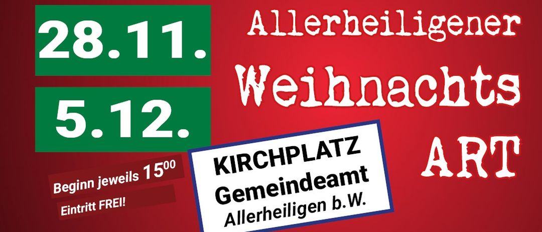 Eine Werbung für Allerheiligen in Wildon, geplant für den 3. November und 1. Dezember, mit Aktivitäten wie Handwerk, Kochen, Musik und einem Kinderprogramm, Beginn um 15 Uhr, Eintritt frei.