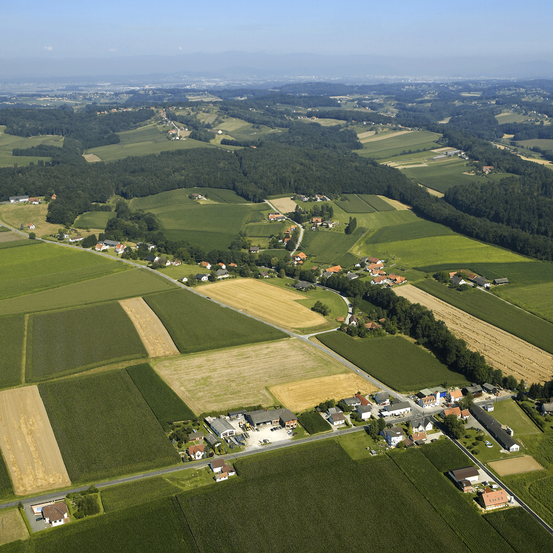 Eine Luftaufnahme einer ländlichen Landschaft mit vielen Häusern, grünen Feldern und braunen Flecken. Das Gebiet ist von Bäumen und Büschen umgeben, mit einem klaren blauen Himmel darüber.