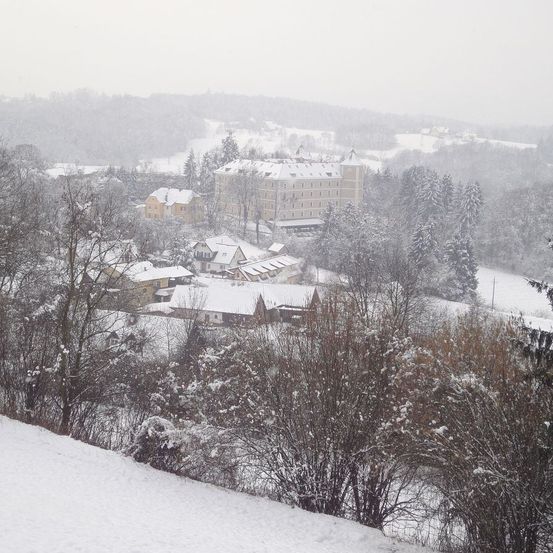 Eine Winterlandschaft zeigt ein Dorf mit schneebedeckten Dächern und Gebäuden, umgeben von schneebedeckten Bäumen und Hügeln. Der Himmel ist bedeckt.