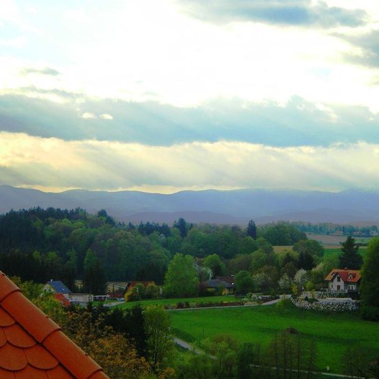 Eine malerische Aussicht von einem Dach auf ein üppiges grünes Tal mit Häusern, umgeben von Bäumen und Bergen unter einem bewölkten Himmel.