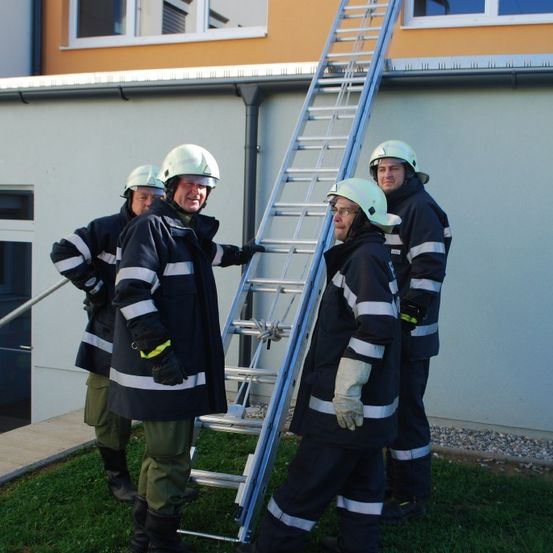 Fünf Feuerwehrleute in voller Uniform und Helmen stehen in der Nähe eines Gebäudes und halten eine Leiter. Sie bereiten sich wahrscheinlich auf einen Notfall vor.