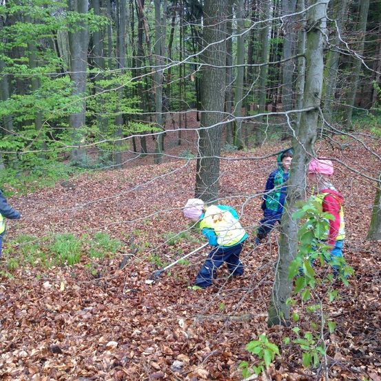 Eine Gruppe von Kindern räumt den Waldboden auf, wobei gefallene Blätter den Boden bedecken. Ein Kind hält eine Harke.