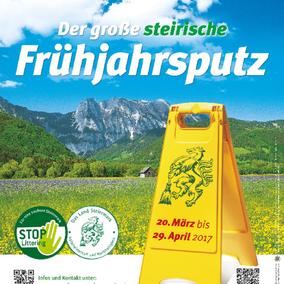 Plakat für die große steirische Frühjahrsputzaktion vom 20. März bis 29. April 2017 mit einem gelben Schild, das einen Besen und einen Löwen zeigt. Der Hintergrund des Plakats zeigt einen blauen Himmel und grüne Felder.