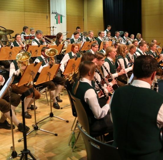 Ein Blasorchester spielt in einer Konzerthalle. Die Musiker spielen verschiedene Blechblasinstrumente, während sie auf Stühlen sitzen. Das Publikum schaut von vorne zu.