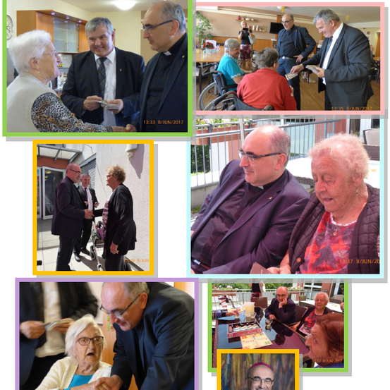 Eine Collage von Fotos, die ältere Menschen und Geistliche zeigt. Sie interagieren und lächeln. Die Umgebungen variieren von drinnen bis draußen. Daten und Zeiten sind auf einigen Fotos sichtbar.