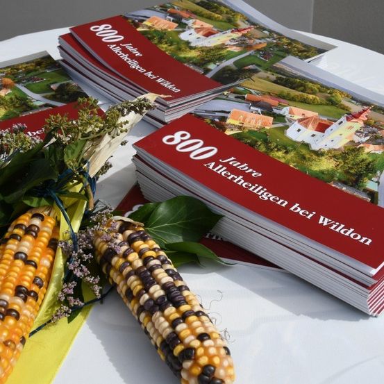 Ein Tisch zeigt einen Stapel roter Broschüren mit dem Titel '800 Jahre Altheilingen bei Wildon', zwei Maiskolben und Blumen.