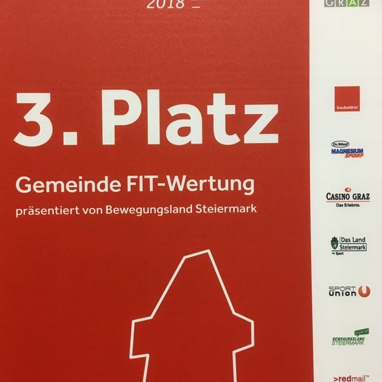 Das Plakat zeigt einen roten Hintergrund mit weißem Text. Es steht '3. Platz Gemeinde FIT-Wertung' und wird von Bewegungsland Steiermark präsentiert. Das Plakat enthält Logos von Sponsoren wie Casino Graz und Das Land Steiermark.