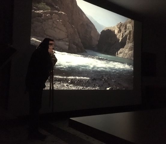 Eine Person steht vor einer Leinwand und sieht ein Landschaftsvideo eines Flusses, der durch eine Schlucht fließt.