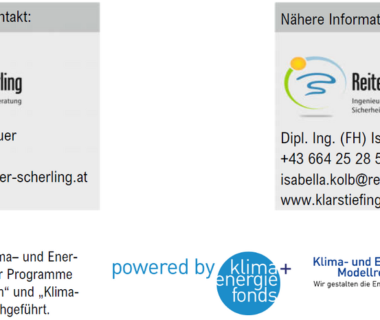 Ein Bild eines Dokuments mit Kontaktdaten, einem Logo und einer Website. Reiter & Scherling, Ingenieurburo und Sicherheitsfachkraft sind aufgeführt. Kontaktdaten umfassen eine E-Mail-Adresse und eine Telefonnummer.