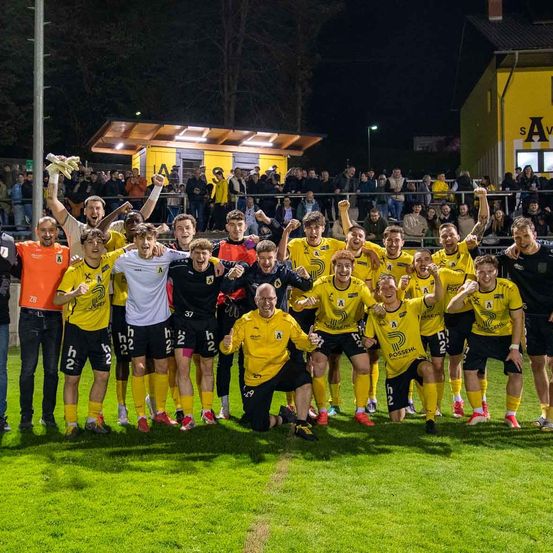 Eine Fußballmannschaft feiert auf einem Feld bei Nacht, während eine Menge auf der Tribüne zuschaut. Die Spieler tragen gelbe Trikots mit Nummern.