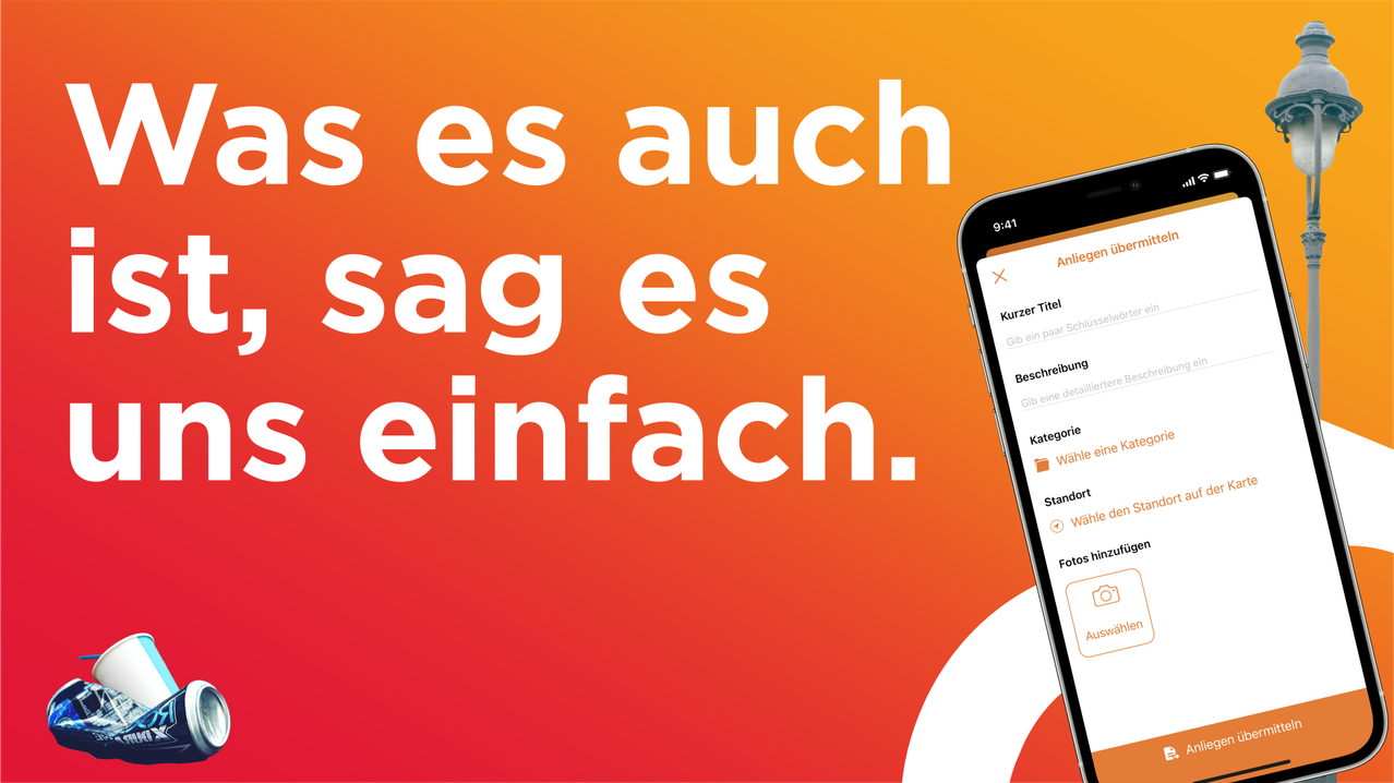 Ein Smartphone-Bildschirm zeigt ein Formular mit den Feldern 'Anlieg', 'Kurzer Titel', 'Beschreibung', 'Kategorie', 'Standort' und 'Fotos'. Das Smartphone ist schwarz mit einem weißen Rand. Der Hintergrund ist orange und weiß.