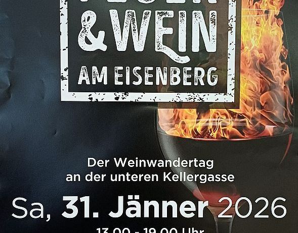 Plakat für den Weinwanderungstag an der unteren Kellergasse am 31. Jänner 2026. Acht Winzer öffnen ihre Kellertüren zum Verkosten und Genießen.