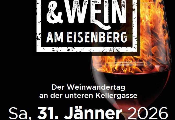 Plakat für den Weinwandertag an der unteren Kellergasse am Samstag, 31. Jänner 2026, von 13:00 bis 19:00 Uhr. Acht Winzer öffnen ihre Kellertüren zur Verkostung und zum Genuss.