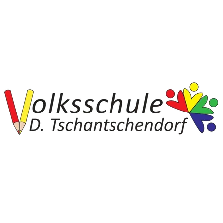 Das Logo der Volksschule D. Tschantsschendorf mit einem Stift und bunten Figuren.