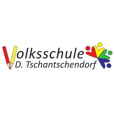 Das Logo der Volksschule D. Tschantsschendorf mit einem Stift und bunten Figuren.