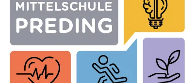 Ein Grafik mit vier Symbolen: eine Glühbirne, ein Herz, eine laufende Person und eine Hand, die eine Pflanze hält. Der Text lautet 'Mittelschule Preding' und 'Bildungsregion Südweststeiermark'.