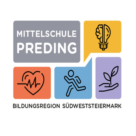 Logo für Mittelschule Preding, mit Symbolen eines Herzens, einer Glühbirne, einer laufenden Figur und einer Pflanze, mit Text auf Deutsch.